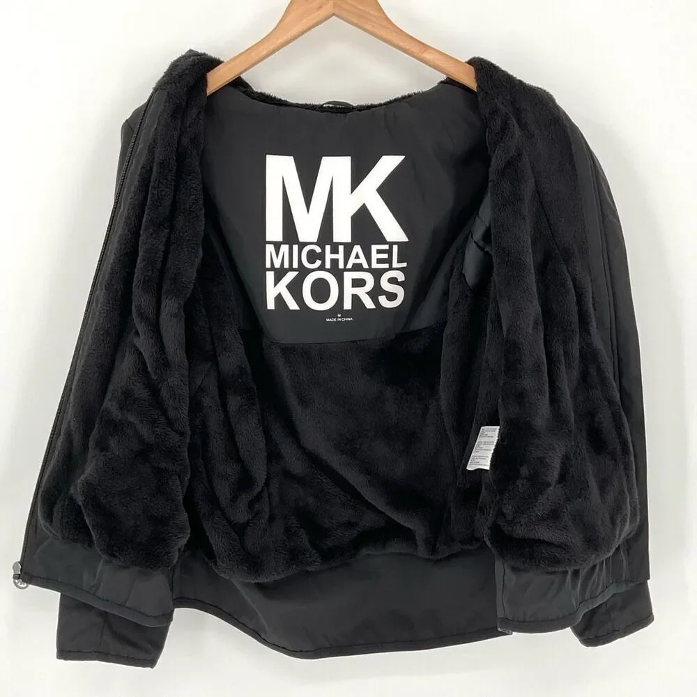 Michael Kors Fleece Lined Hooded‎ Zip Up Jacket Women Medium Black Pockets Warm